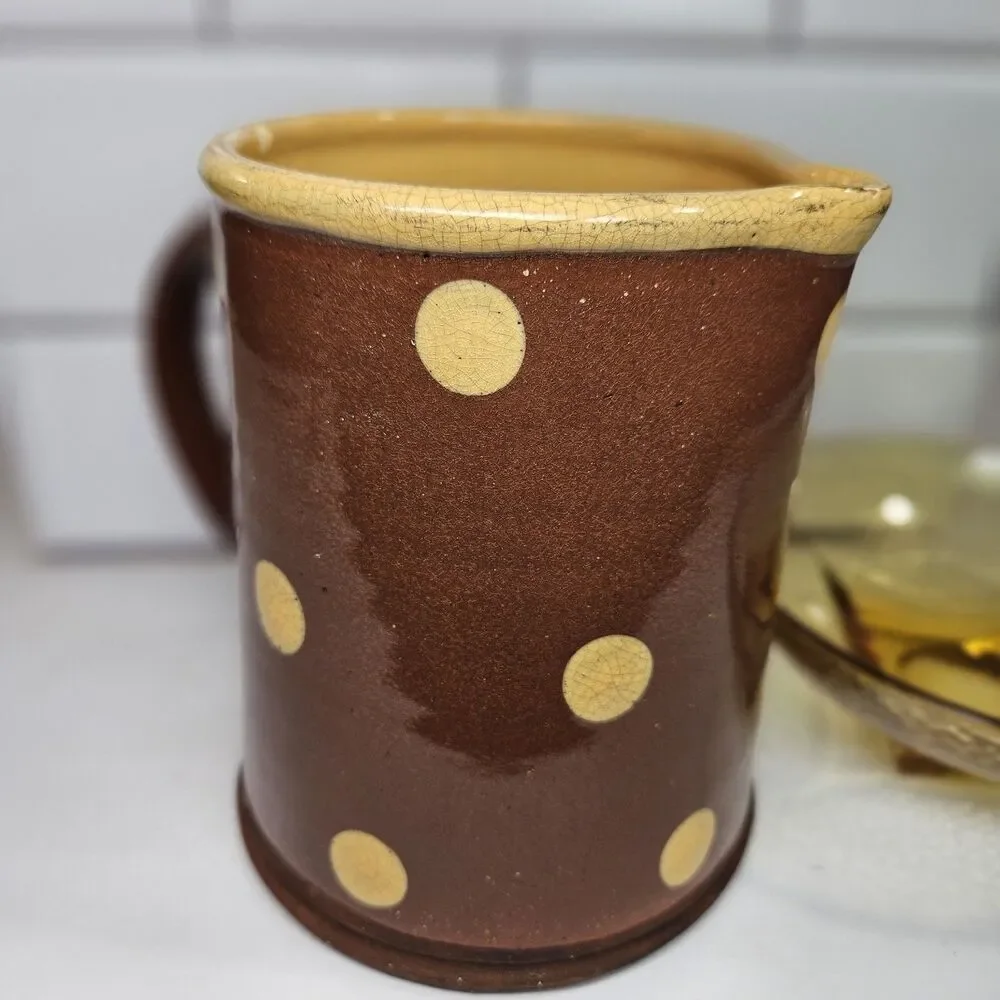 Antique Wisconsin ERIC ANDERSON RED Slip Ware Art Pottery Picher Jug Yellow Dot